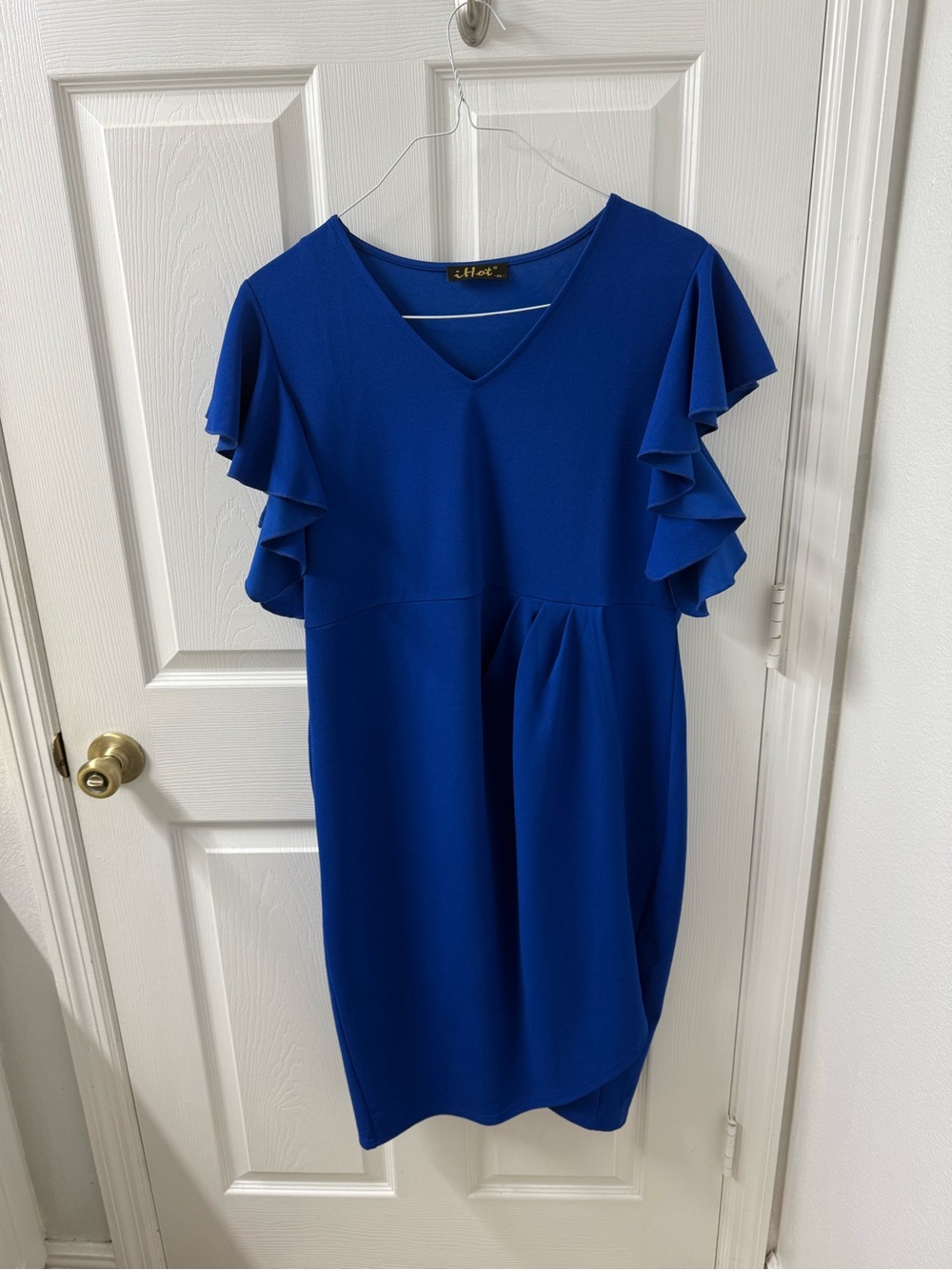 Women's Royal Blue V-Neck Midi Dress with Ruffle Sleeves